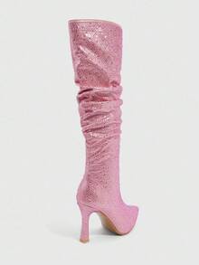 CUCCOO SZL 女式尖头水钻装饰褶饰高筒靴，性感高跟派对及膝靴 - 粉色 - 查看 3