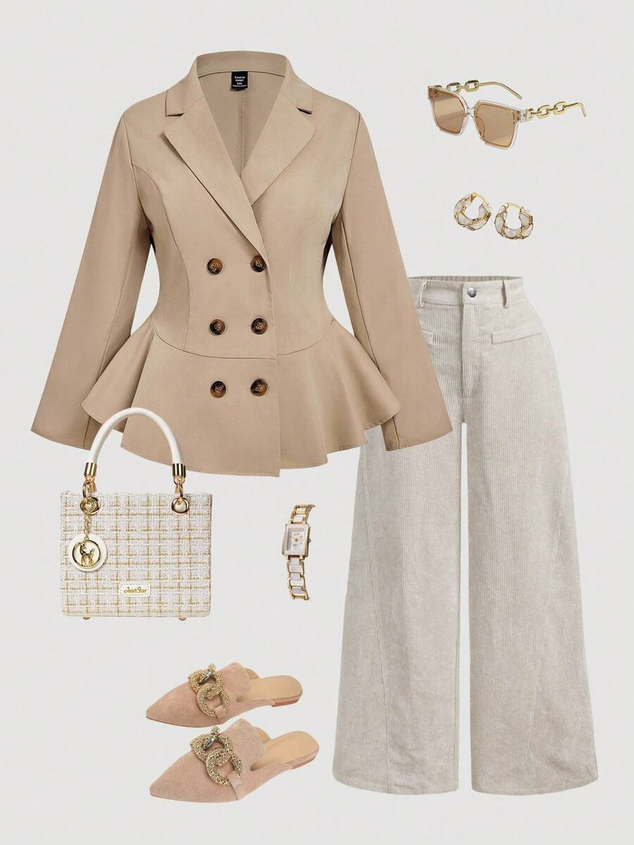 SHEIN MOD Jaket Pendek Wanita Ukuran Besar Musim Gugur/Dingin dengan Hem Berkerut, Cocok untuk Kerja, Santai, dan Liburan, Gaya Vintage Musim Gugur - Coklat - View 1