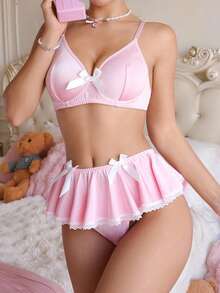 SHEIN 3 件女士性感蕾丝拼接内衣套装：蝴蝶结装饰腰裙 + 内裤 + 胸罩 - 粉色 - 查看 6