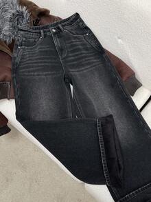 DAZY Women's Loose Flared Thermal-Lined Long Casual Jeans, Autumn/Winter - Dark Grey - View 3