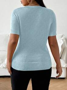 Vionelle Plus Size Women Knit Short Sleeve Crew Neck Loose Fit Sweater Solid Color Tops Light Blue Tops Round Neck Top Baby Blue Top Women Plain Tshirts Women - Dusty Blue - View 2