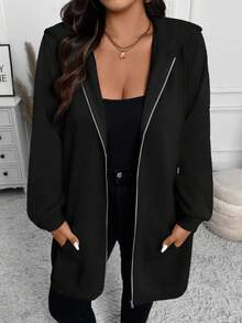 SHEIN LUNE Plus Size Women Hooded Zip-Up Long Sleeve Casual Long Hoodie Plus Size Hoodies For Women Plus Size Black Zip Up Hoodie Black Zip Up Jacket Women Plus Size Zip Up Jacket Black Zip Up Hoodie Plus Size Hoodies Women 8xl Women Clothes Plus Size Jacket Black Clothes For Women In Fall/Winter - Black - View 5