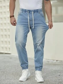 Manfinity Homme Men's Drawstring Elastic Hem Jogger Jeans, Plain Light Jeans Slim Fit Long Navy Blue Washed Cargo Jeans, For Husband, Boyfriend Gifts Going Out Sport Urban Street Hang Out - Blue - View 4