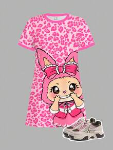 SHEIN Leap Crew Vestido de manga corta de longitud media informal para niña preadolescente con estampado de leopardo rosa minimalista y lindo patrón de dibujos animados, adecuado para el verano - Multicolor - Ver 6