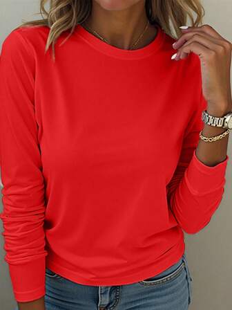 EMERY ROSE Christmas A Large-Sized Red Round-Neck Long-Sleeved T-Shirt, Comfortable And Versatile