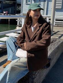 DAZY 女士休闲复古翻领中长款大衣，秋冬外套 - 咖啡棕 - 查看 4