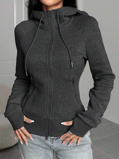 SHEIN EZwear Women's Solid Color Casual Hooded Zip-Up Long Sleeve Fitted Sweatshirt, Fall, Zip Up Sweatshirt Women