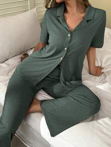 SHEIN Soft & Skin-Friendly Cardigan Button Closure Unisex Fashionable Loungewear Pajama Set