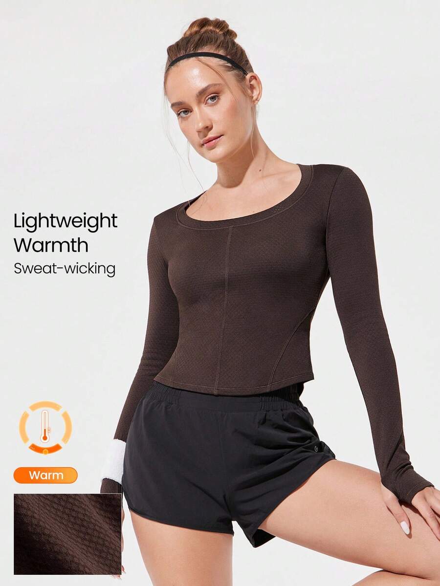 GLOWMODE Erhöhen Sie Ihre Energie mit einem bequem warmen, reflektierenden Logo-Pullover mit quadratischem Kragen und Daumenöffnungen, ideal für Laufen, Joggen, Wandern, Fitness und den täglichen aktiven Lebensstil - Schokoladenbraun - Übersicht 1