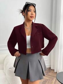 SHEIN EZwear 秋冬加大码酒红色单排扣优雅办公室长袖西装外套 - 酒紅色 - 查看 5