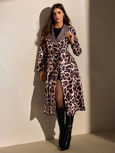 CLARA VERO Women's Multicolor Belted Leopard Printed Wool Elegant Overcoat