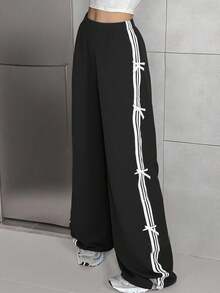 SHEIN Tween Girls Ribbon Bowknot Wide Leg Loose Casual Pants, Black, Versatile & Fashionable For Daily Wear Fall Winter