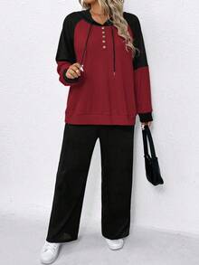 Set de 2 piezas de conjunto informal y cómodo de mujer con capucha y contraste de color - Multicolor - Ver 4