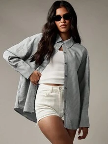 MISSGUIDED Classic Seersucker Button Down Oversized Shirt With Floral Back Design Long Sleeve Collared Office Casual Spring Fall Blouse - Dark Grey - View 2