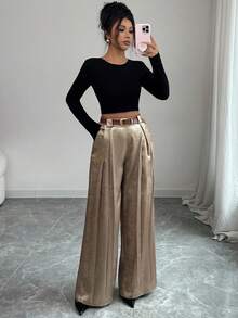 Elenzga 女士金属质感褶皱阔腿宽松优雅裤 - 金色 - 查看 3