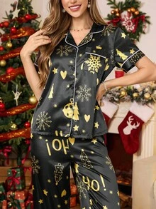 SHEIN 仿丝全印花圣诞主题纽扣前开睡衣套装 - 黑色 - 查看 3