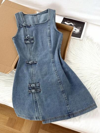 Comfortcana Vestido de mezclilla para mujer, vestido ajustado de línea A sin mangas de cuello cuadrado, azul