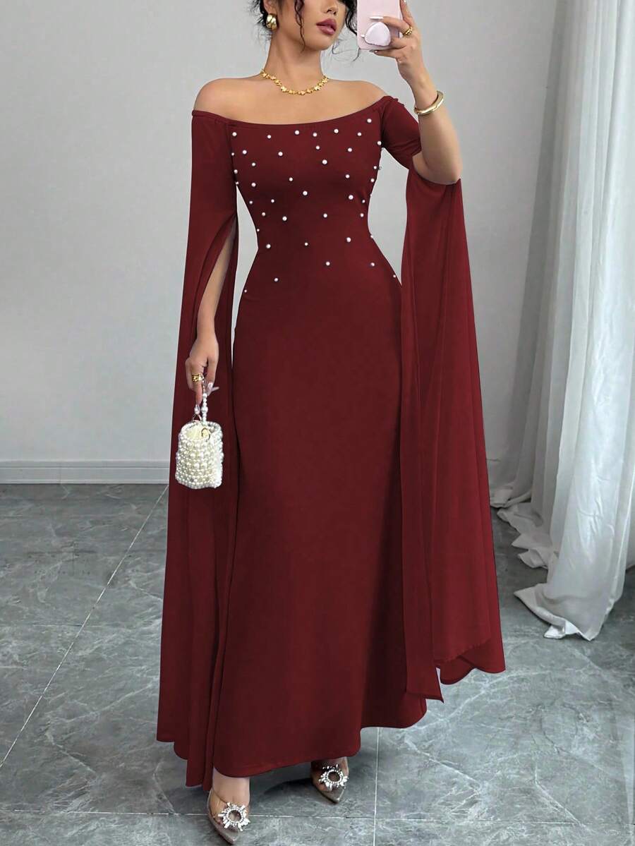 Rafferiza 优雅紫色奢华露肩仿珍珠泡泡雪纺仙女袖女式连衣裙，春夏