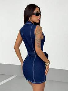 StreetHx Women's Sleeveless Zipper Collar Pocket Design Fitted Denim Dress - Dark Wash - View 2