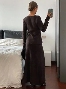 Livesso Women's Autumn Fitted Top And Skirt 2 Pieces Knit Set - Brown - View 2
