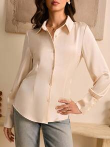 Bluhae Damen elegantes minimalistisches Hemd mit hohem Kragen und Langarm, Herbst 2025