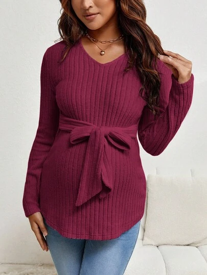 SHEIN 孕妇休闲纯色抽绳腰长袖T恤，百搭秋冬装