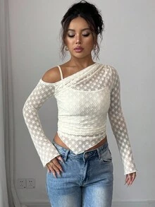 Selianne Fashionable New Oblique Shoulder Lace Sexy Lace Long Sleeve Women T-Shirt - Apricot - View 4