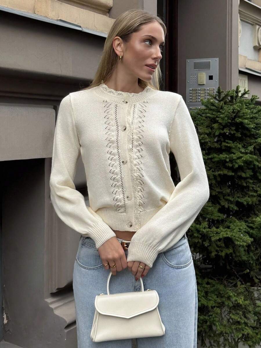 Pariaura 女士不对称镂空蕾丝拼布纯色针织开衫，复古法式圆领毛衣外套，秋冬 - 米色 - 查看 1