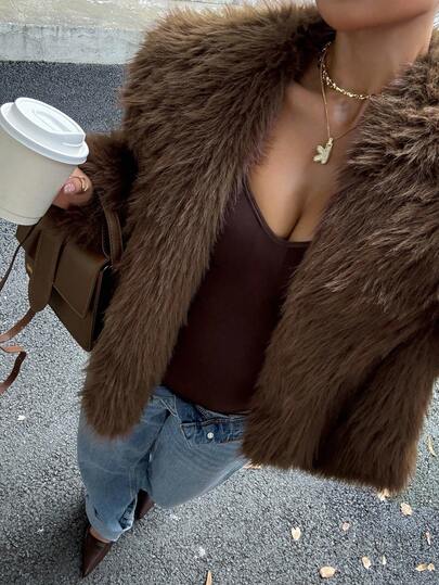 DAZY Women's Thickened Short Faux Fur Jacket, Brown, Autumn/Winter Women Coats