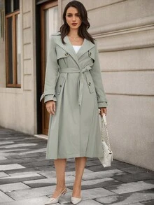 EMERY ROSE Women's Solid Front Button Pocket Simple Casual Trench Coat - Green - View 3