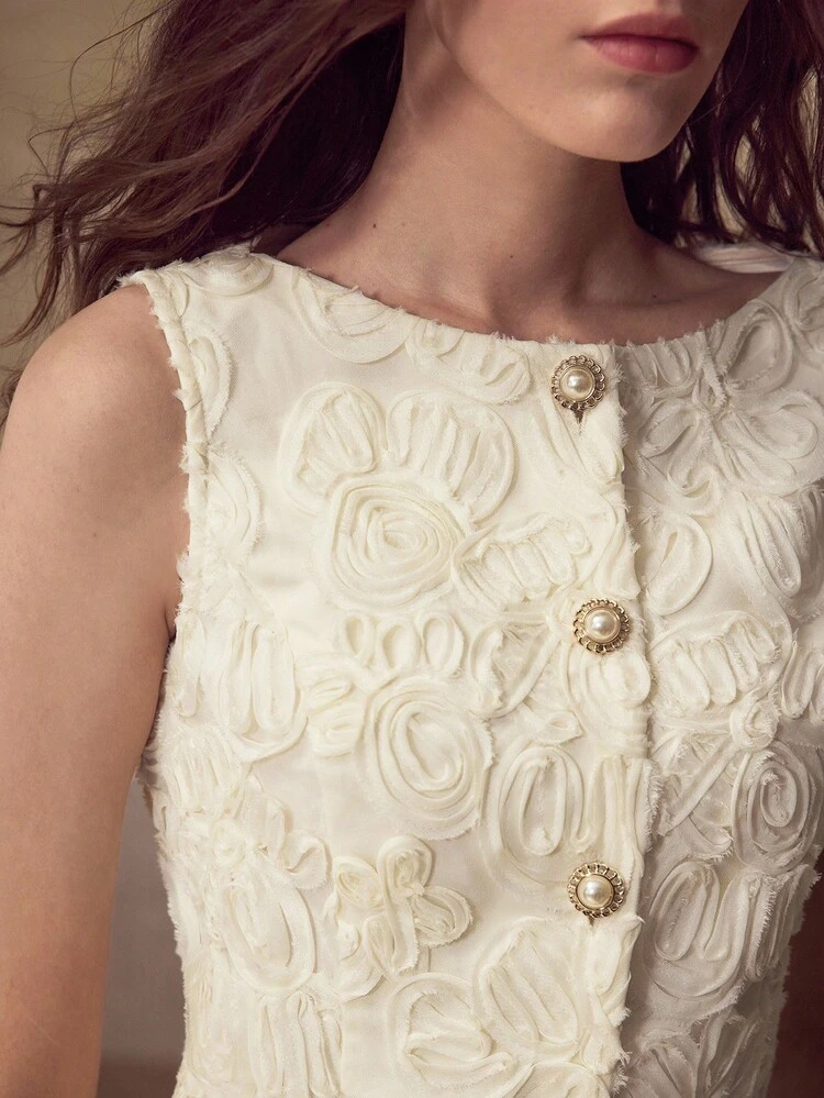 NEW TEXTURED JACQUARD FABRIC ELEGANT VERSATILE SLIMMING CHIC LUXURY PEARL BUTTON DECORATED SOPHISTICATED LADIES TOP