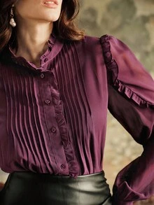 Anewsta 纯色前褶设计，荷叶边袖口，立领长袖两件套衬衫，适合秋季、冬季、春季、新年、派对、婚礼、时尚、优雅场合，也适合工作、感恩节、毕业典礼、圣诞节、节日等场合穿着。 - 紫色 - 查看 3
