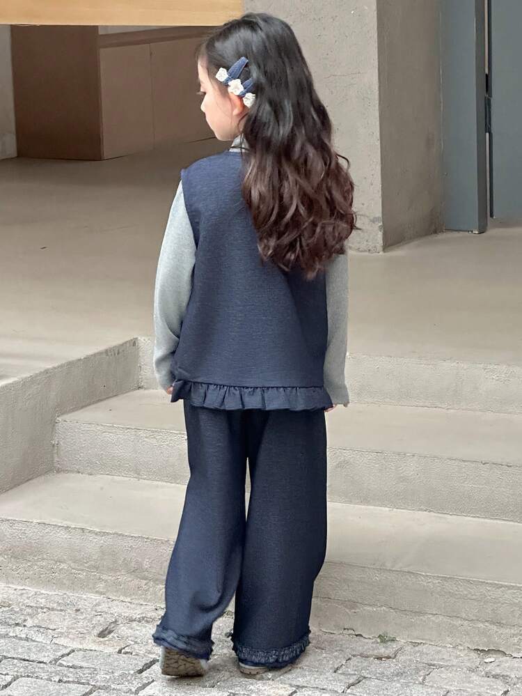 DAZY 2pcs/Set Young Girl Casual Round Neck Sleeveless Contrast Color Shirt And Wide Leg Jeans Pants Suit Fall, Winter - Blue - View 2