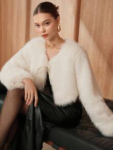SHEIN Unity 女士时尚人造毛皮短款长袖夹克 - 白色 - 查看 1