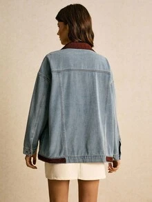 Poéselle 新品 女士牛仔夹克和外套 落肩领口 拼接口袋 宽松牛仔夹克 冬装 女士冬季夹克 女士万圣节服装 新年服装 女士外出上衣 女士时尚衬衫 女士时尚西装外套 - 深色水洗藍 - 查看 2