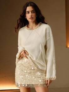 Anewsta Suéter feminino de gola redonda, com estampa floral em blocos de cores, detalhes em tule e miçangas. Modelagem solta, macia e elegante, ideal para outono, inverno, Ano Novo, ocasiões especiais, Natal, eventos noturnos e para se sentir confortável.