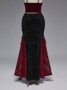 ROMWE EDITION Plus Size Gothic Elegant Velvet Embossed Damask Lace Patchwork Mermaid Skirt - Black - View 8
