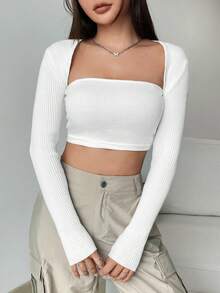 Comfortcana Cárdigan de punto acanalado sólido, parte superior de manga larga, top para salir en otoño/invierno - Blanco - Ver 2