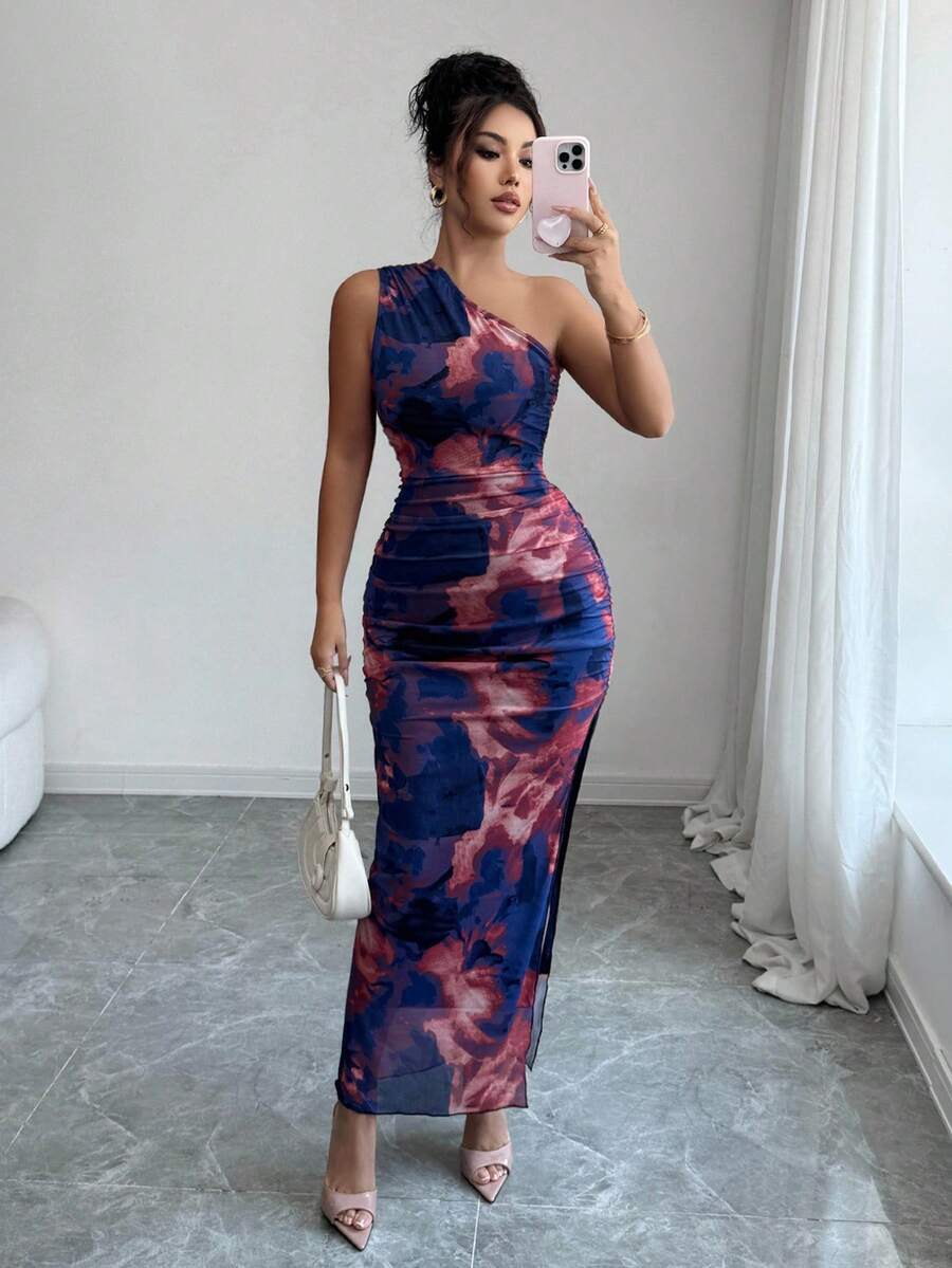 SHEIN Elenzya 女士奢华晚礼服，扎染印花不对称领口无袖性感连衣裙 - 藏蓝色 - 查看 1