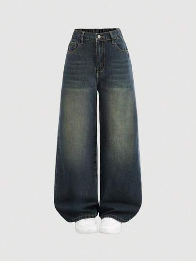 Girlism 少女时尚休闲 Y2K 复古酷炫街头风返校大学深蓝色水洗宽松牛仔裤，适合少女日常穿着，柔软舒适，适合少女秋冬派对、节日和居家穿着，街头风校园服饰。