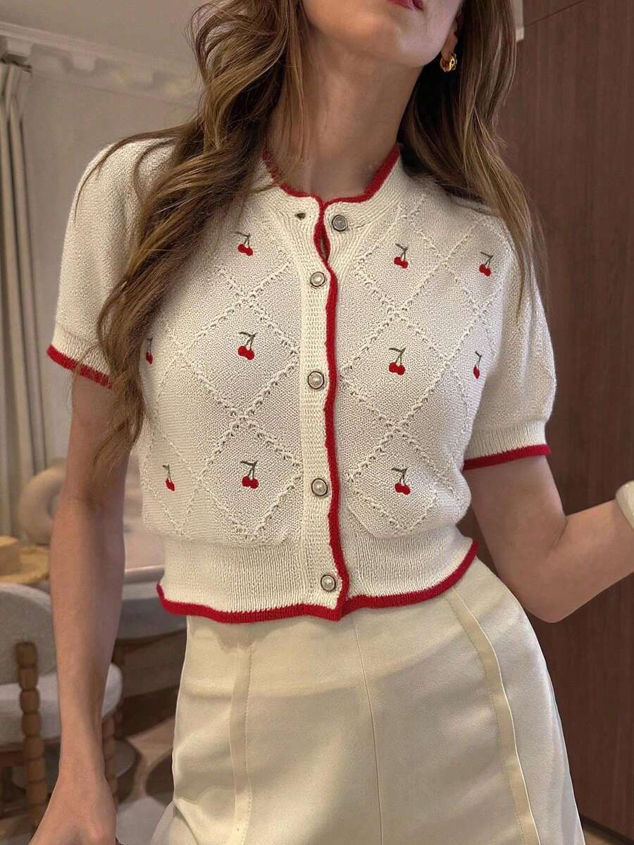 Vionelle Vintage Cute Cherry Knit Short Sleeve Cardigan, Hollow Out Design, Patchwork, Reduces Age, Plus Size Winter Fall Autumn