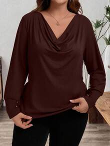 SHEIN Clasi Plus Size Elegant Commuter Solid Color Draped Neck Long Sleeve T-Shirt - Brown - View 3