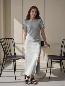 Vestido largo y cómodo para niñas adolescentes con diseño de costillas verticales y abertura lateral para el verano - Gris - Ver 1