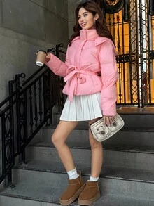 Sweetina Women's Pink Hooded Cinched Waist Padded Coat, Long Sleeve Casual Minimalist Outerwear, Cute & Girly, Autumn/Winter - Pink - View 9