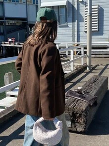 DAZY 女士休闲复古翻领中长款大衣，秋冬外套 - 咖啡棕 - 查看 2