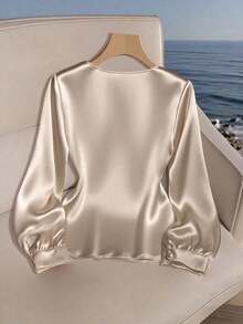 Franclia Women's Casual Poplin Shirt, Asymmetrical Collar Blouse - Champagne - View 2