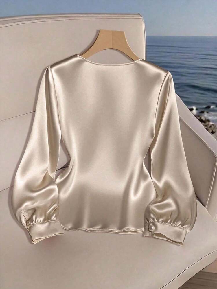 SHEIN Franclia قميص كاجوال من البوبلين للنساء، بلوزة ذات ياقة غير متماثلة - لون شمبانيي - مشاهدة 2