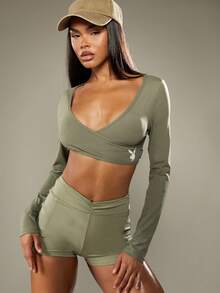 Missguided x Playboy Long Sleeve Wrap Front Crop Top With Bunny Logo V Neck Athletic Style