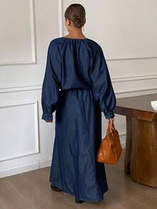 DAZY Women's Loose Casual V-Neck Denim Set, Autumn/Winter - Blue - View 6