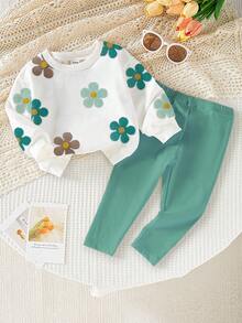 SHEIN Playful Pals 2 pezzi Set di felpa girocollo con stampa floreale e leggings rosa per bambine, carino e dolce, adatto per uso quotidiano e all'aperto, autunno/inverno